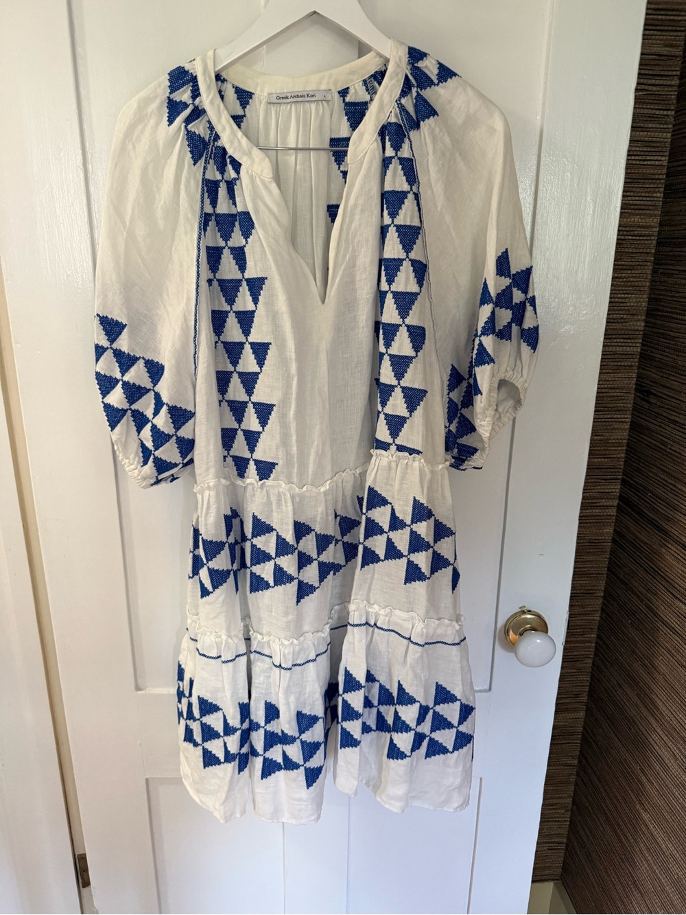 White Mini Dress with Blue Embroidered Geo Pattern - Coastal Attitudes